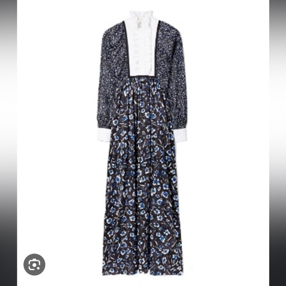 Tory Burch Runway Silk Caftan Midnight Teapot floral print white ruffle 6 NEW S - Picture 6 of 11